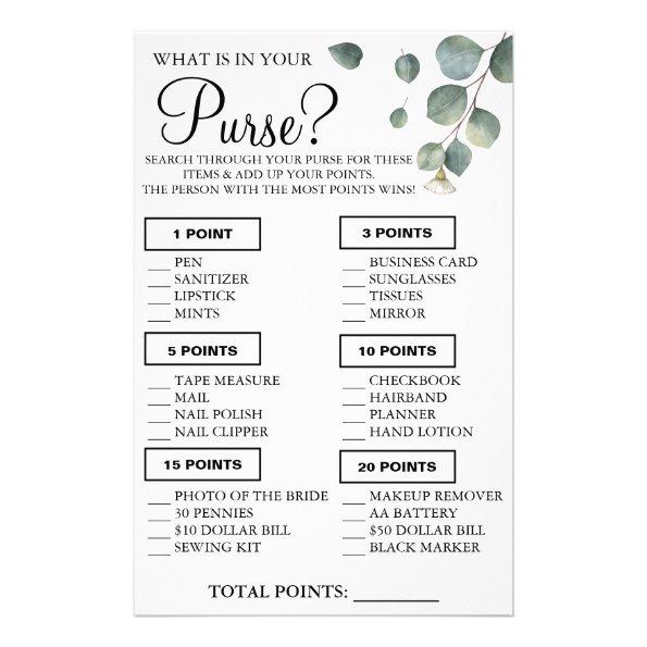 Eucalyptus What is in your purse Shower game Invitations Flyer