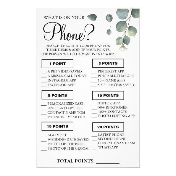 Eucalyptus What is on your phone Shower game Invitations Flyer