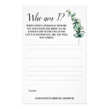 Eucalyptus Who am I? Bridal Shower Game Invitations Flyer