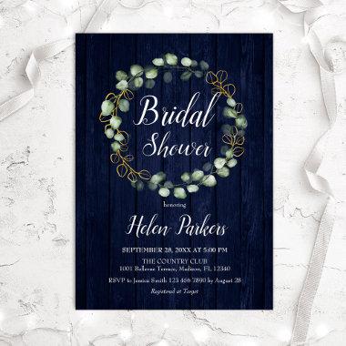 Eucalyptus Wreath Navy Blue Bridal Shower Invitations