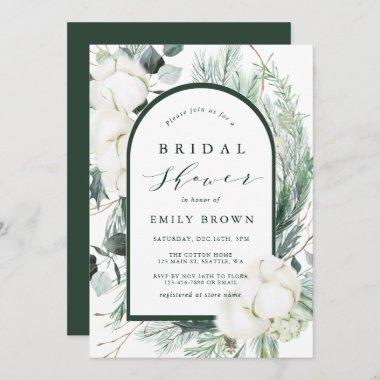 Evergreen & Cotton Flowers Arch Bridal Shower Invitations