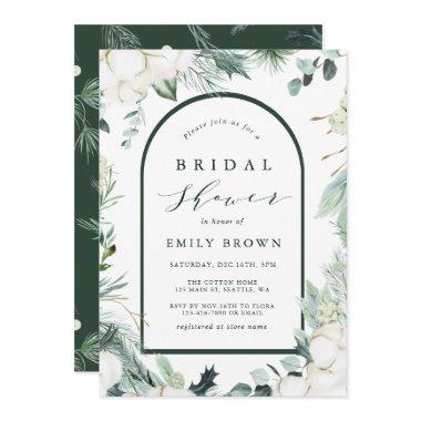 Evergreen & Cotton Flowers Elegant Bridal Shower Invitations