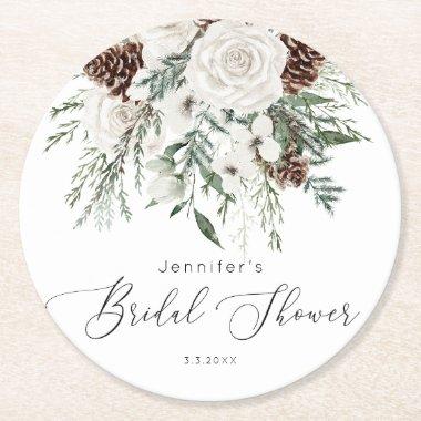 Evergreen elegant bridal shower round paper coaster