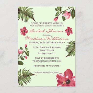 Exotic Hibiscus & Tropical Leaves Bridal Shower Invitations