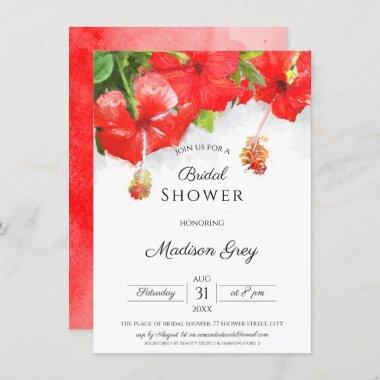 Exotic Red Hibiscus Flower Art Bridal Shower Invitations