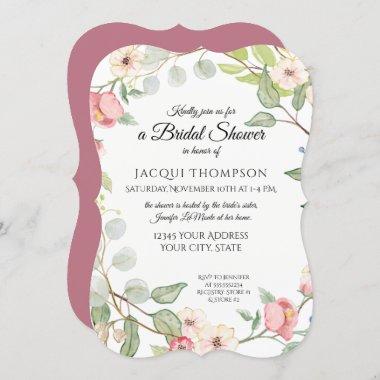 Exquisite Foliage Berry Pink Wild Rose Watercolor Invitations