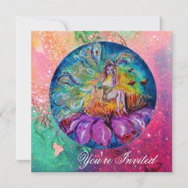 FAIRY IN THE NIGHT pink green blue yellow sparkles Invitations