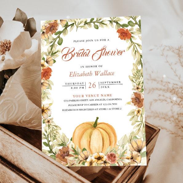 Fall Autumn Earthy Floral Pumpkin Bridal Shower Invitations