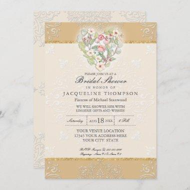Fall Autumn Heart Lace Golden Ochre Bridal Shower Invitations