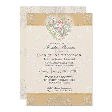 Fall Autumn Heart Lace Golden Ochre Bridal Shower Invitations