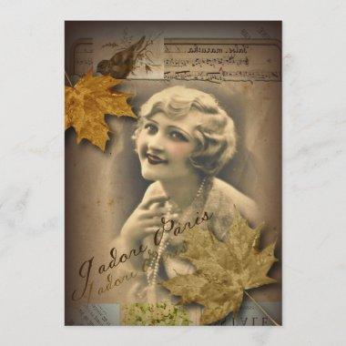 fall autumn leaves vintage gatsby Girl parisian Invitations