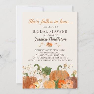 Fall Autumn Orange Pumpkins Gold Bridal Shower Invitations