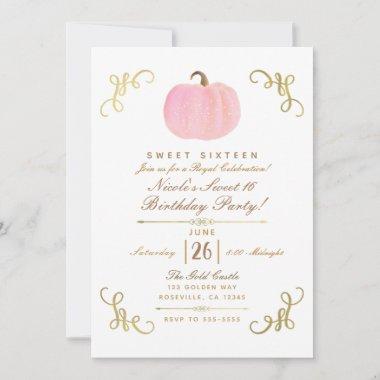 Fall Autumn Pink Sparkle Pumpkin Sweet 16 Party Invitations