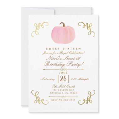 Fall Autumn Pink Sparkle Pumpkin Sweet 16 Party Invitations