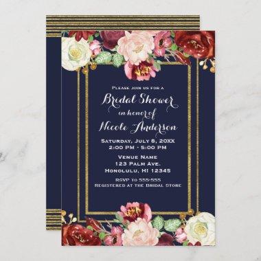 Fall Blue Gold Bold Floral Marsala Bridal Shower Invitations