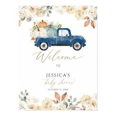 Fall Blue pumpkin truck baby shower welcome sign