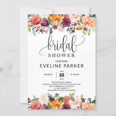 Fall blush burgundy orange Floral Bridal Shower Invitations
