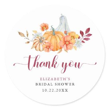 Fall Bridal Shower Pumpkin Script Thank You Classic Round Sticker