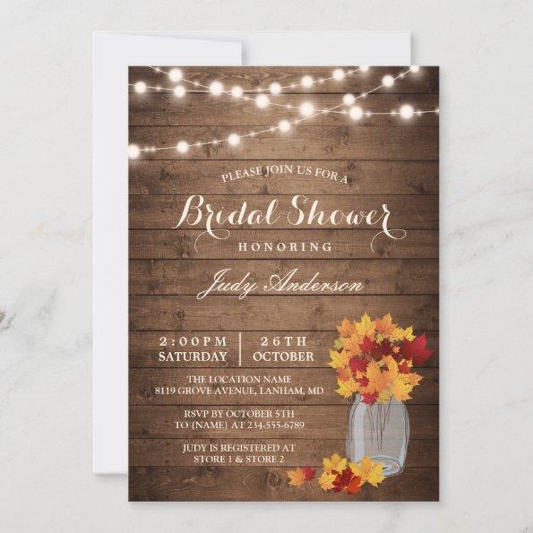 Fall Bridal Shower | Rustic Wood Mason Jars Lights Invitations
