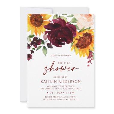 Fall Bridal Shower Sunflower Roses Burgundy Red In Invitations