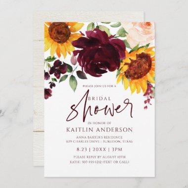 Fall Bridal Shower Sunflower Roses Burgundy Red Invitations