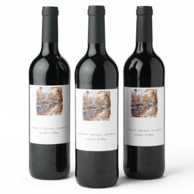 Fall Bridge With Bicycle  Wine Label