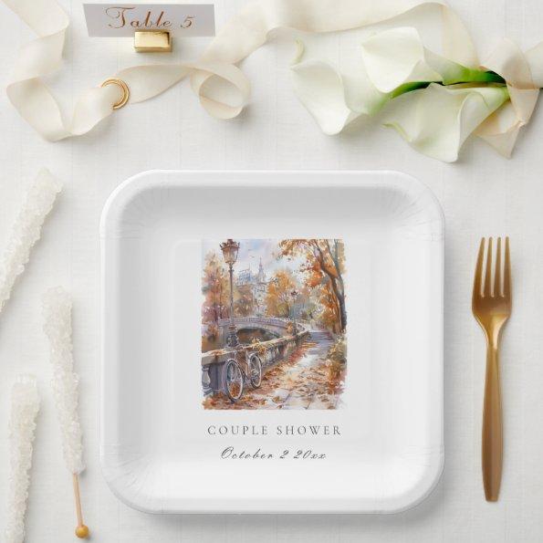 Fall Bridge With Bicycle Couple Shower Pap. Plates