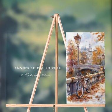 Fall Bridge With Bicycle Wedding  Acrylic Sign