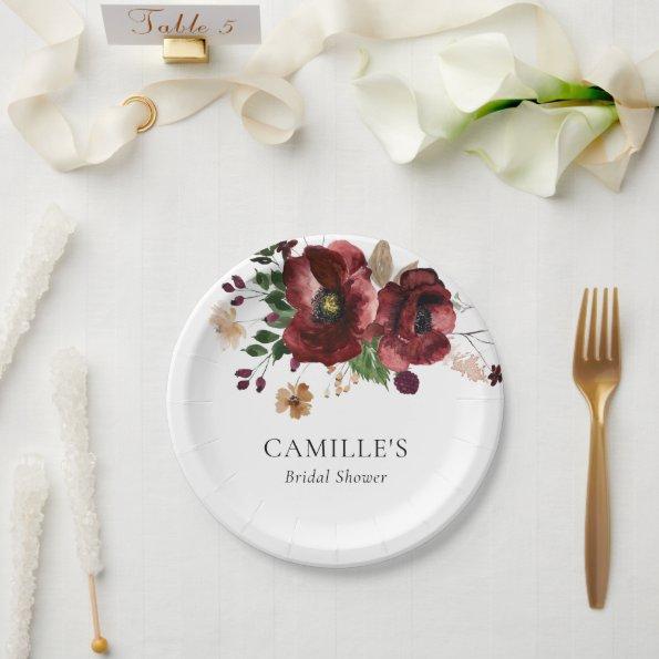 Fall Burgundy Floral Bridal Shower Party Paper Plates