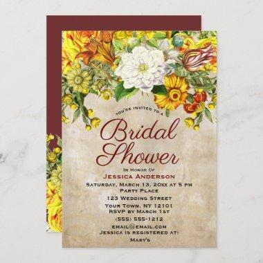 Fall Floral Botanical Burgundy Gold Bridal Shower Invitations