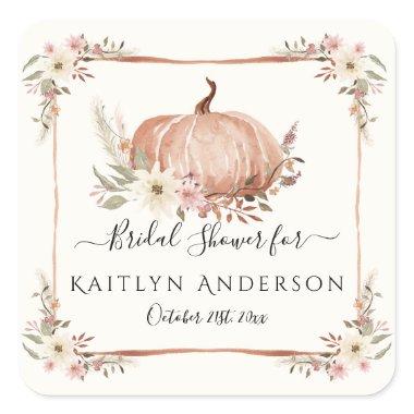 Fall Floral Botanical Pumpkin Pink Bridal Shower Square Sticker