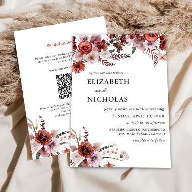 Fall Floral Terracotta QR Code 2 in 1 Wedding Invitations