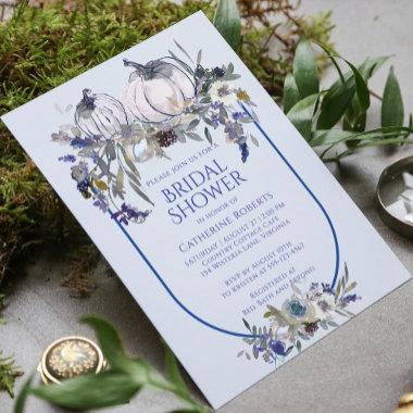 Fall Floral Watercolor Pumpkin Blue Bridal Shower Invitations