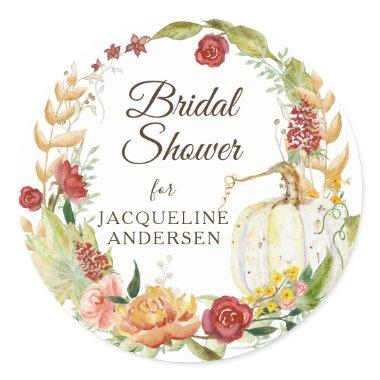 Fall Floral Wreath White Pumpkin Bridal Shower Classic Round Sticker