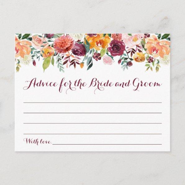 Fall Flower Wedding Advice Cards, Orange Maroon Postcard