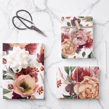 Fall Flowers Burgundy Red Orange Botanical Floral Wrapping Paper Sheets