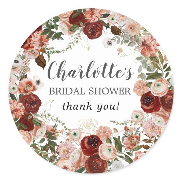 Fall Flowers Greenery Bridal Shower Thank You Classic Round Sticker