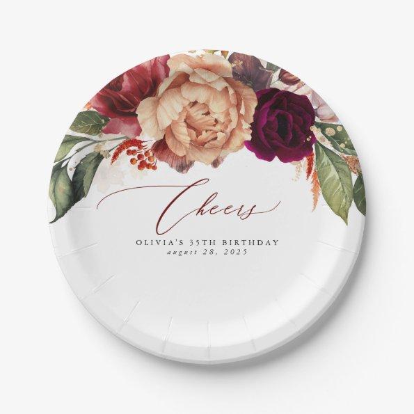 Fall Flowers Orange and Burgundy Red Cheers Paper Plates