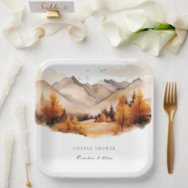 Fall Forest Mountains Couple Shower Paper Plates