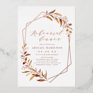 Fall Greenery Geometric Rustic Rehearsal Dinner Foil Invitations