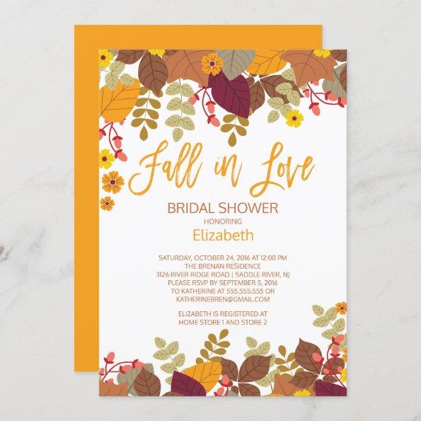 Fall in Lov Autumn Leaves Bridal Shower Invitations