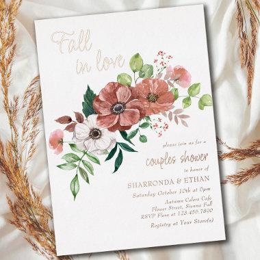 Fall in Love Autumn Couples Shower Rose Gold Foil Invitations