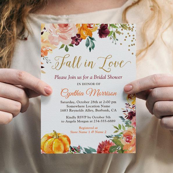 Fall in Love Autumn Floral Romance Bridal Shower Invitations