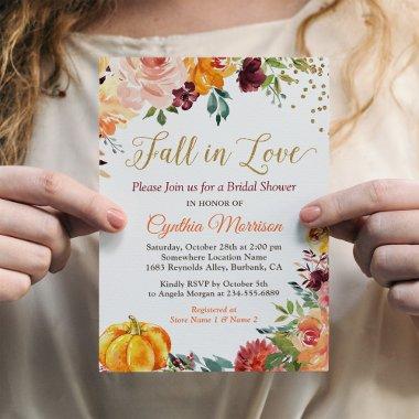 Fall in Love Autumn Floral Romance Bridal Shower Invitations