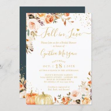 Fall in Love Autumn Gold Chic Floral Bridal Shower Invitations