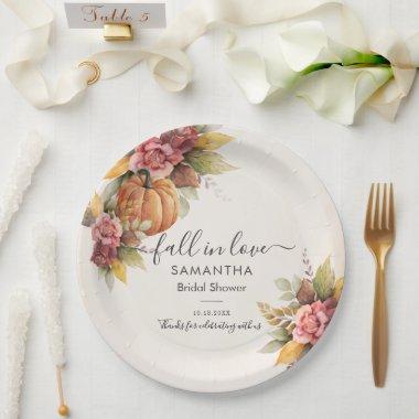 Fall in Love Autumn Leaves Pumpkin Bridal Shower Paper Plates