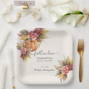 Fall in Love Autumn Leaves Pumpkin Bridal Shower Paper Plates