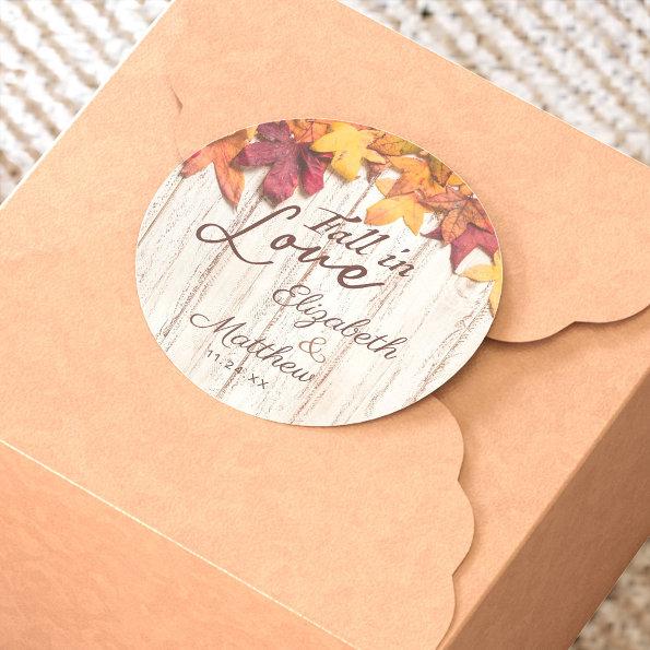 Fall in Love Autumn Leaves Rustic Wood Wedding Classic Round Sticker