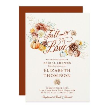 Fall in Love Autumn Pumpkin Gold Bridal Shower Invitations