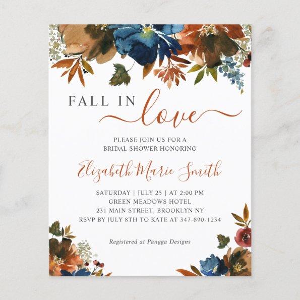 Fall in Love Blue Floral Bridal Shower Invitations